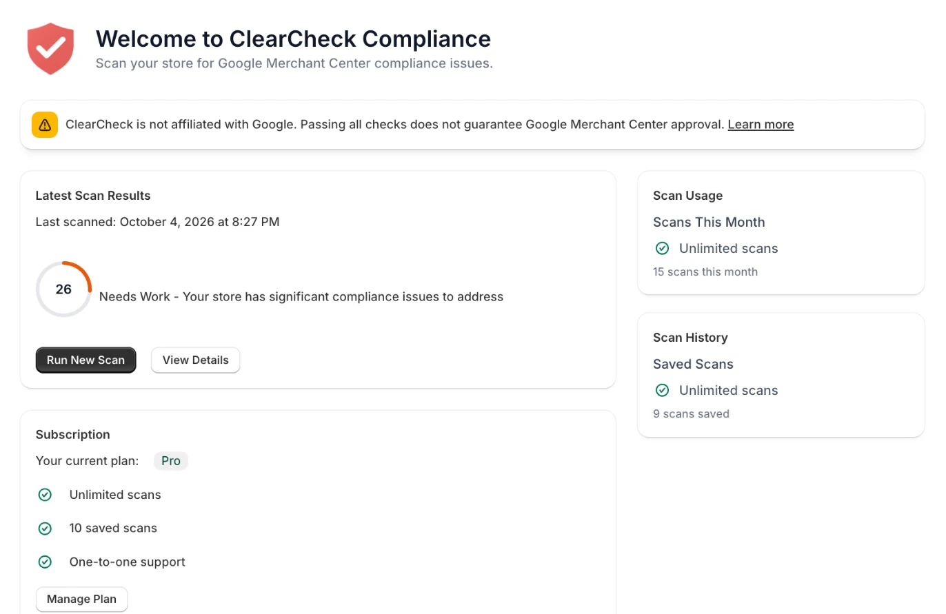 ClearCheck dashboard in Shopify showing the latest scan score, scan usage and saved scans